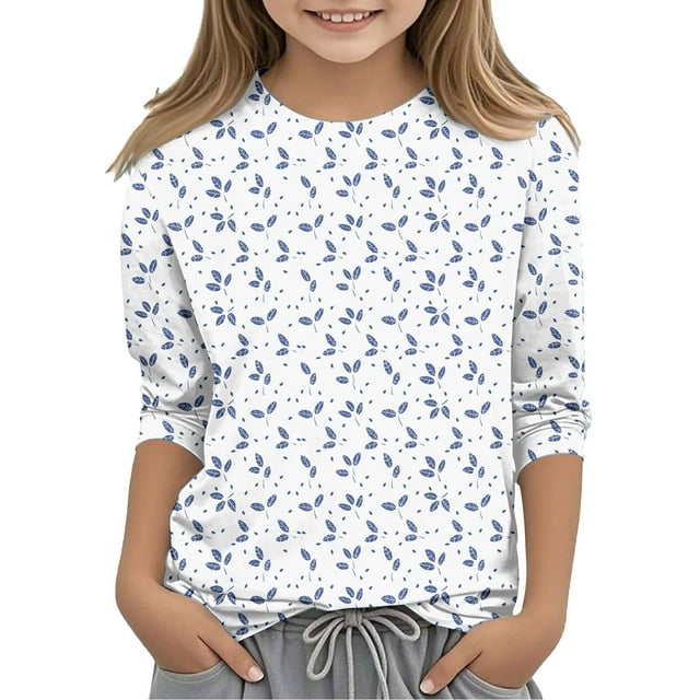 SERTG Hauts Mignons pour Enfant Printemps Automne Été Manches 3/4 Col Rond T-Shirt Mignon pour Sortir Mode Imprimé Manches Mi-Longues Tenues 3-12 Ans (Bleu1,4 Ans)