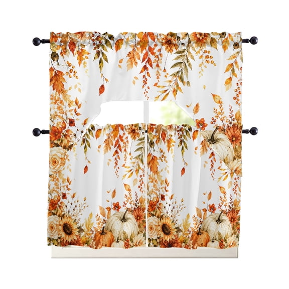 Fall Thanksgiving Kitchen Curtains Set for Windows 3 Piece Cafe Curtains 36 Inch Length Swag Curtains Valances and Tier Set Eucalyptus Leaves Floral Botanical Drapes for Bedroom Bathroom Living Room