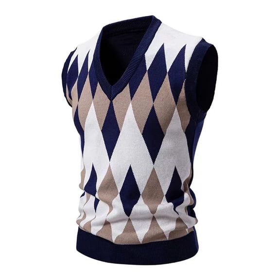 ZQUUVOU Men's Argyle Sweater Vest Color Block Plaid V Neck Sleeveless Knit Waistcoat Casual Layering Piece Pullover Sweater Navy