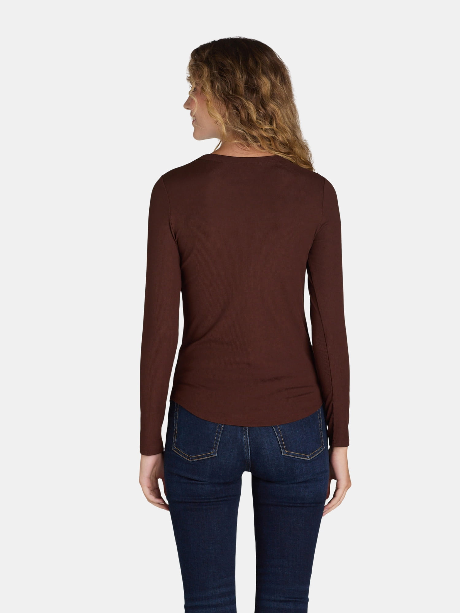 No Boundaries Ribbed Crewneck Tee with Long Sleeves, 1 or 2-Pack, Women's & Women's Plus XXS-XXL
