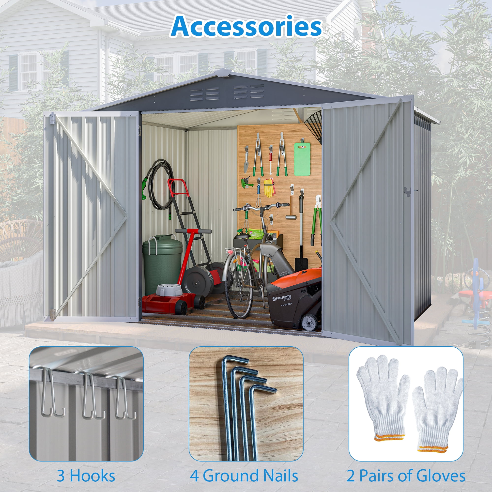 LIVIVOX 8 x 6 FT Outdoor Waterproof Garden Tool Storage Sheds with Metal Foundation with Floor Frame, Tool Shed with Lockable Hinged Doors & Air Vents, Storage House Waterproof