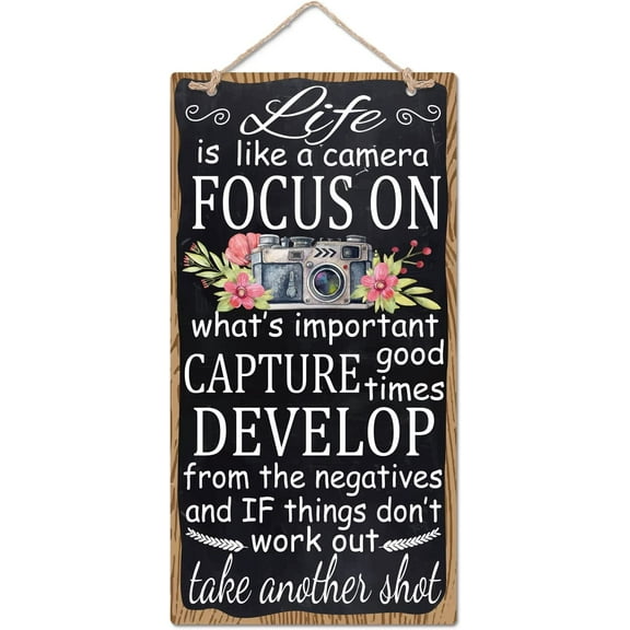 Inspirational Word Wood Sign Plaque Life is Like a Camera Motivational Sayings Hanging Wall Sign Camera Pattern Wall Decor for Home Art Decor Wall with Jute Twine 9.8x5.1 Inch