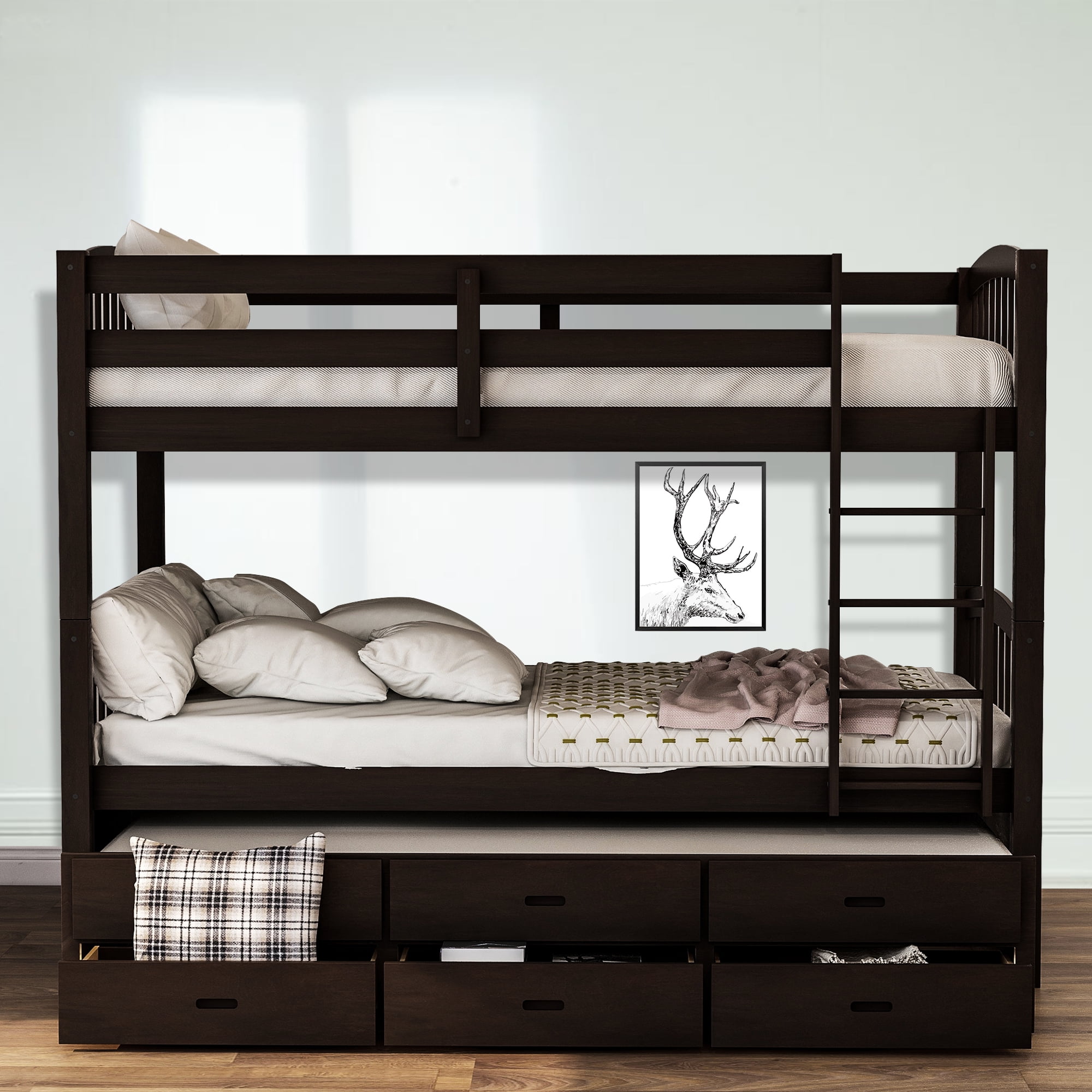 Details about   Espresso Brown Wooden Twin Over Twin Bunk Bed Kids Convertible Bedroom Furniture 
