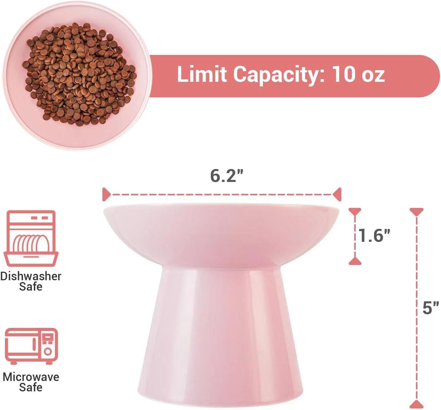 Extra Wide Elevated Ceramic Cat Bowl, 6.2" Shallow Dish for Whisker Fatigue Relief, 5" Height for Easy Feeding, Durable Raised Cat Food Bowls, Pack of 2, Pink