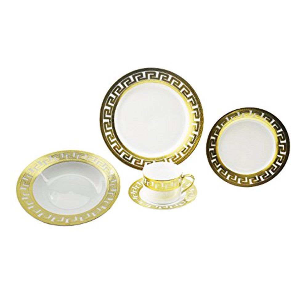 Golden Greek Key Motif Design 40 Piece Luxury Dinnerware Set Service
