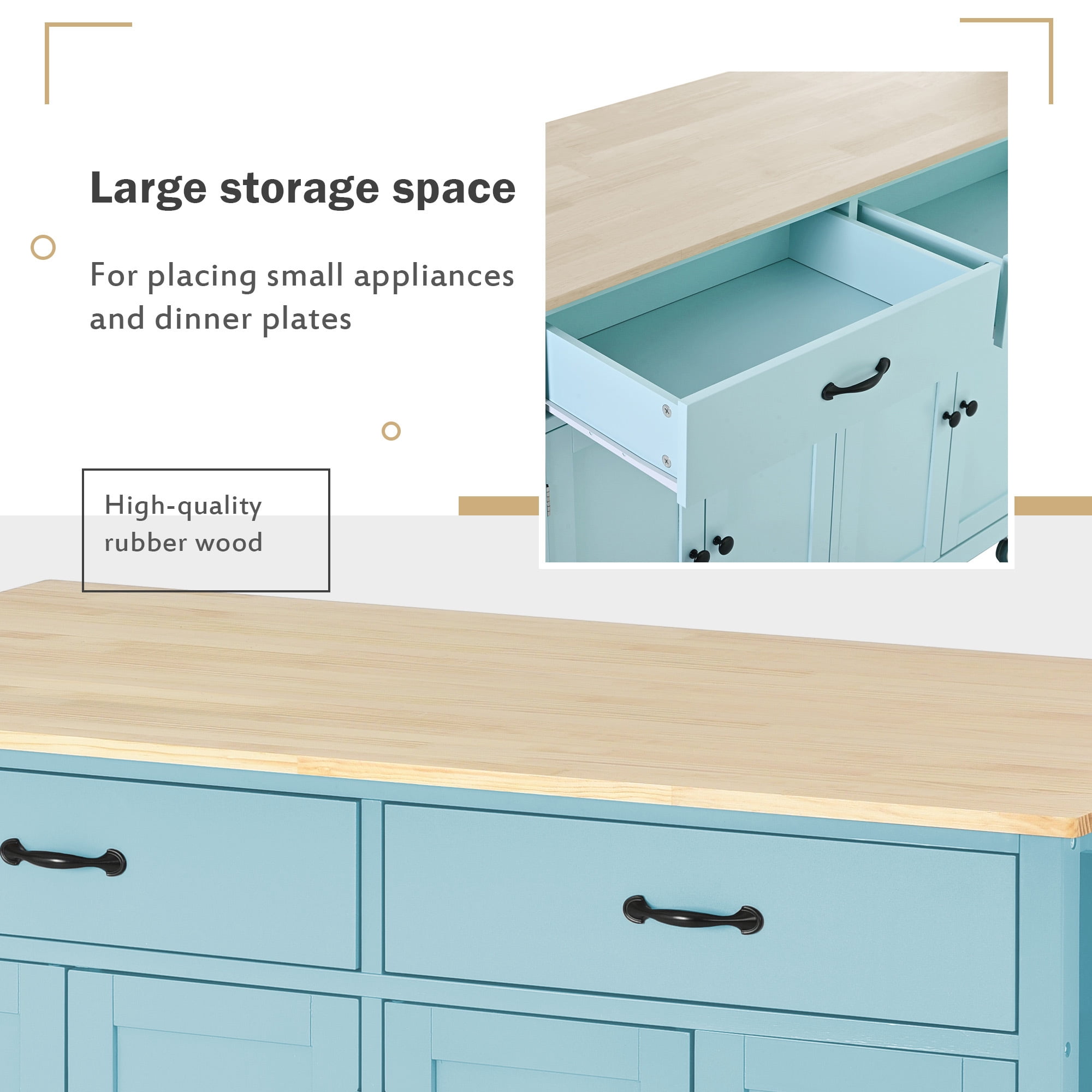 DEALTOPS 54.3" Kitchen Island Cart on Wheels, Kitchen Islands with Storage 4 Door Cabinet & Adjustable Shelves &Towel rack & 2 Drawers Storage Solid wood top-Mint Green