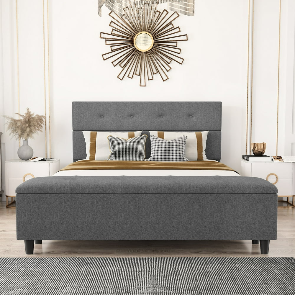 Amolife Queen Linen Platform Bed FrameMetal Frame with Button Tufted
