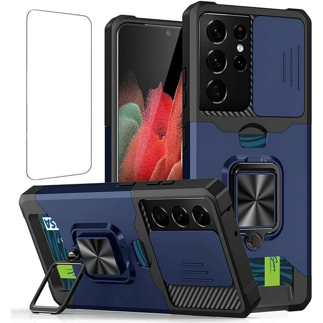 LAICAIW Compatible for Samsung Galaxy S21 Ultra Phone Case with Screen Protector Card Holder Stand Kickstand Heavy Duty Shockproof Hybrid Rugged Drop Protective Cover for Women Men 6.8 inch Blue