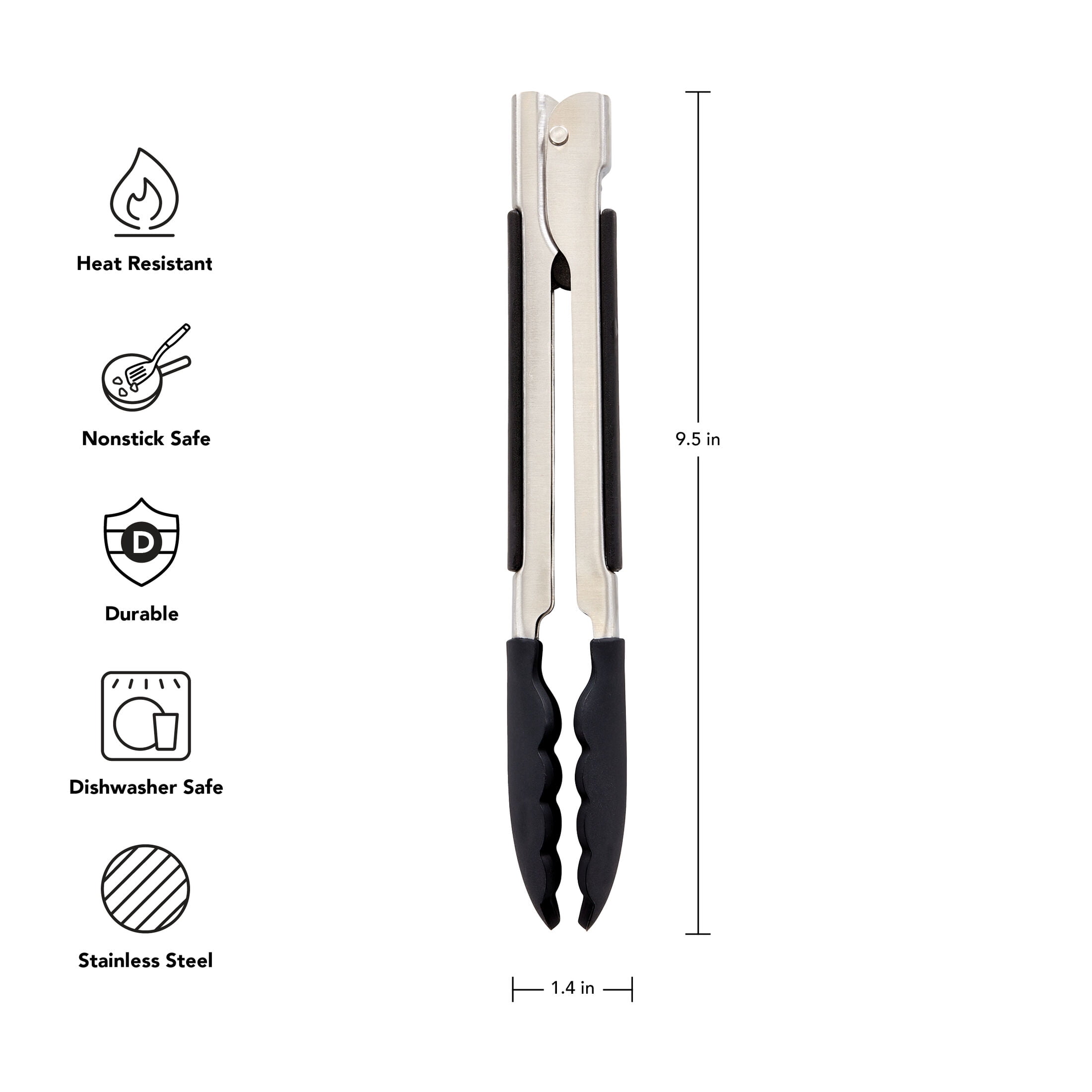 KitchenAid Stainless Steel 9in Kitchen Cooking and Serving Food Tongs, Black