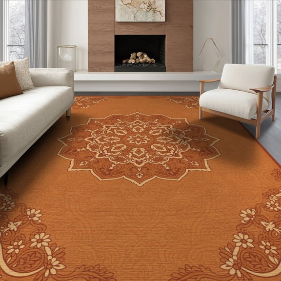 ODIKA 8'x10' Washable Area Rug Orange Fall Vintage Farmhouse Terracotta Boho Medallion Design with Floral Scrolls for Living Room, Under Sectional, Family , Durable, Non-Slip