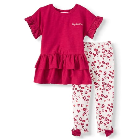 Wonder Nation Short Sleeve Ruffle Knit Top & Printed Leggings, 2pc Outfit Set (Toddler