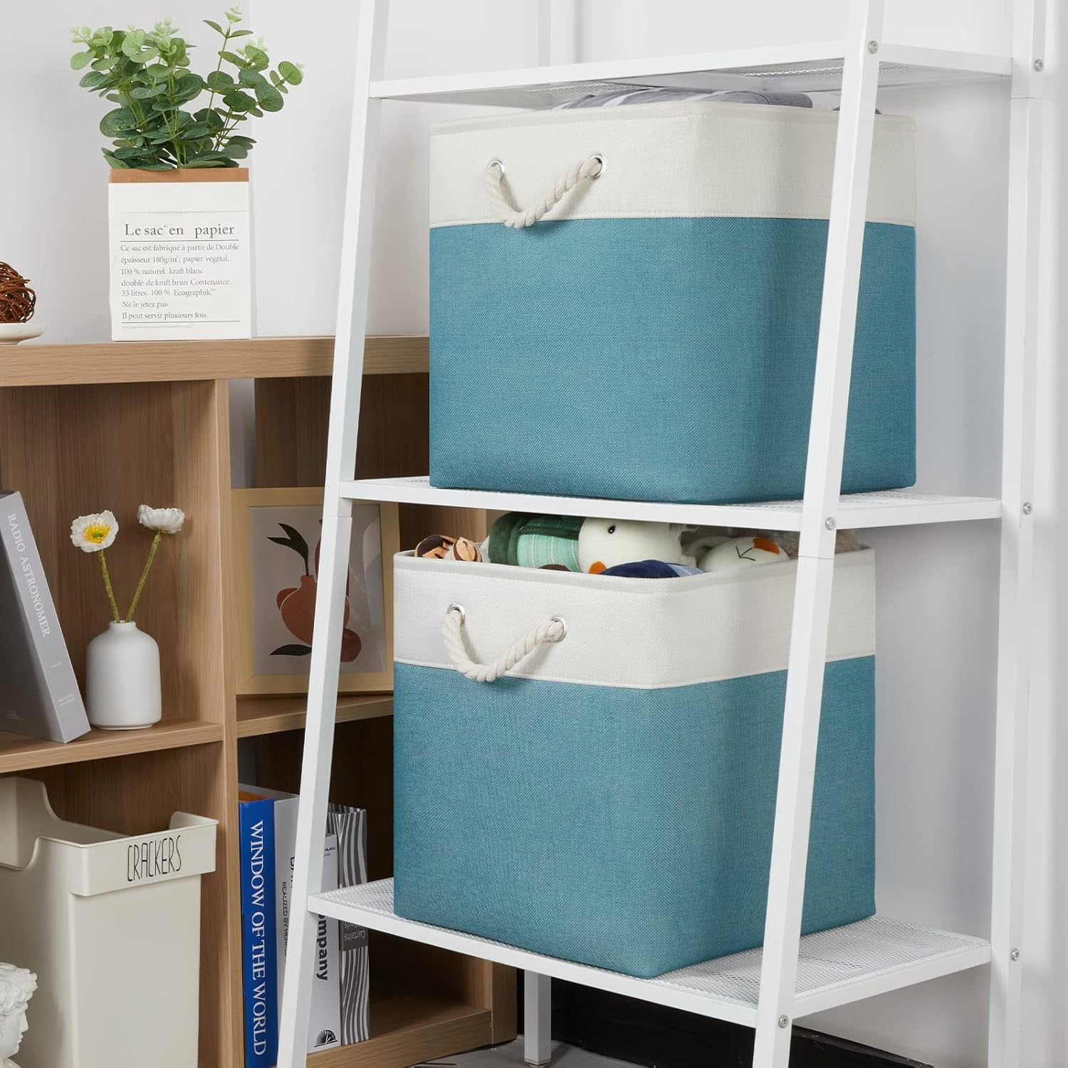 Fabric Storage Baskets Set Of 4 Storage Cube 13x13 Baskets for Shelf, Large Storage Basket for Gift Empty Baskets for Organizing, Storage Bins Cube Basket for Storage (White&Teal)