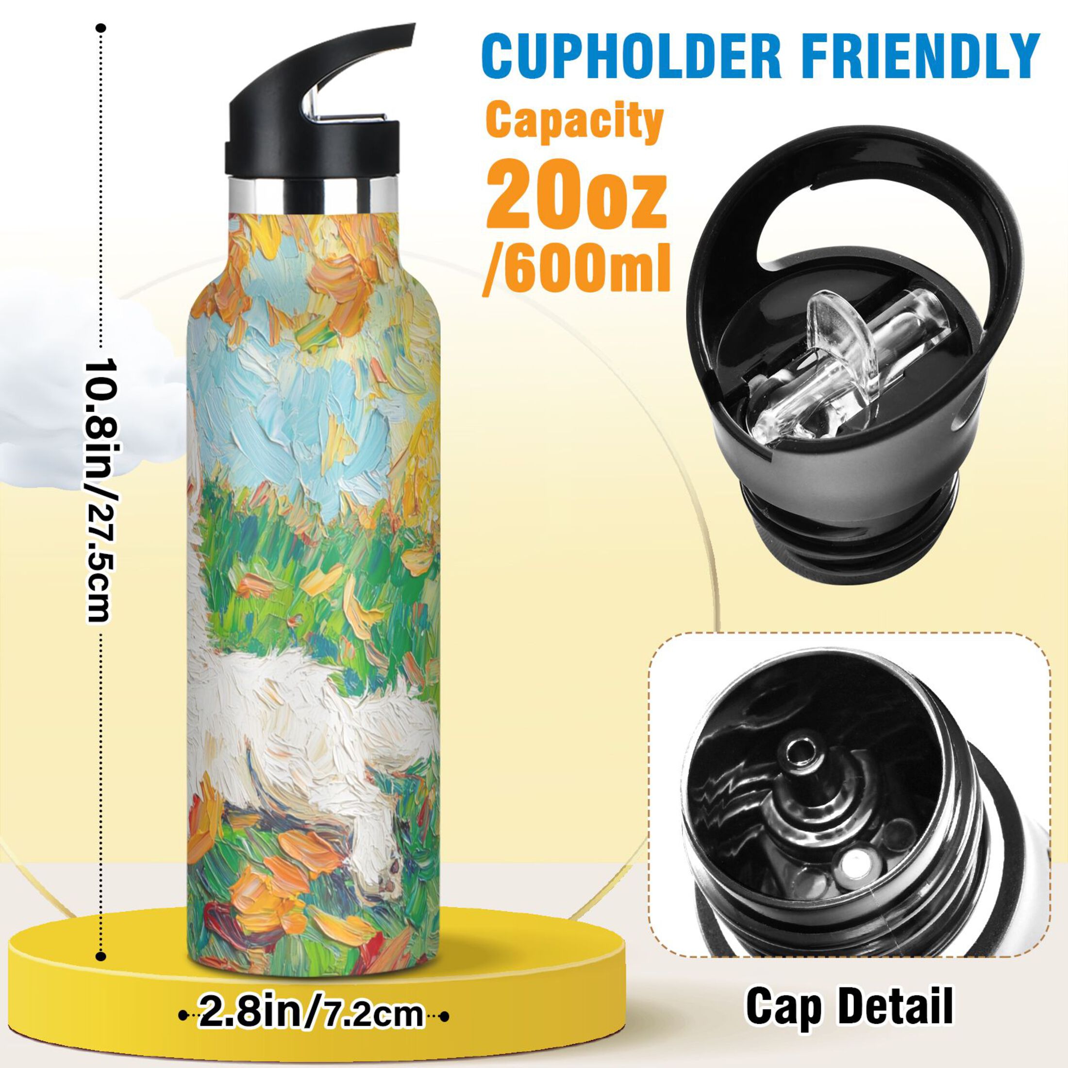 600ML Stainless Steel Insulated Cup Sports Water Bottle Portable Thermos Cup Water Glasses Insulated Tumblers Convenient and Durable Oil Painting Dog