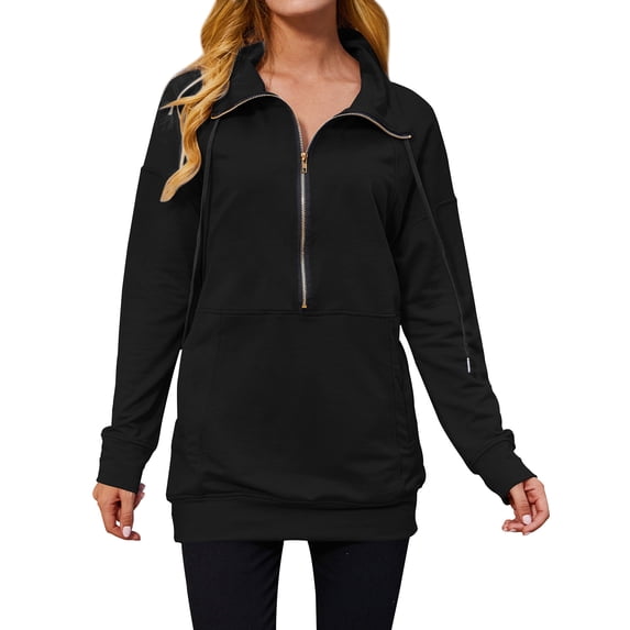 TWZH Women Solid Color Lapel Collar V Neck Zipper Pockets Sweatshirt