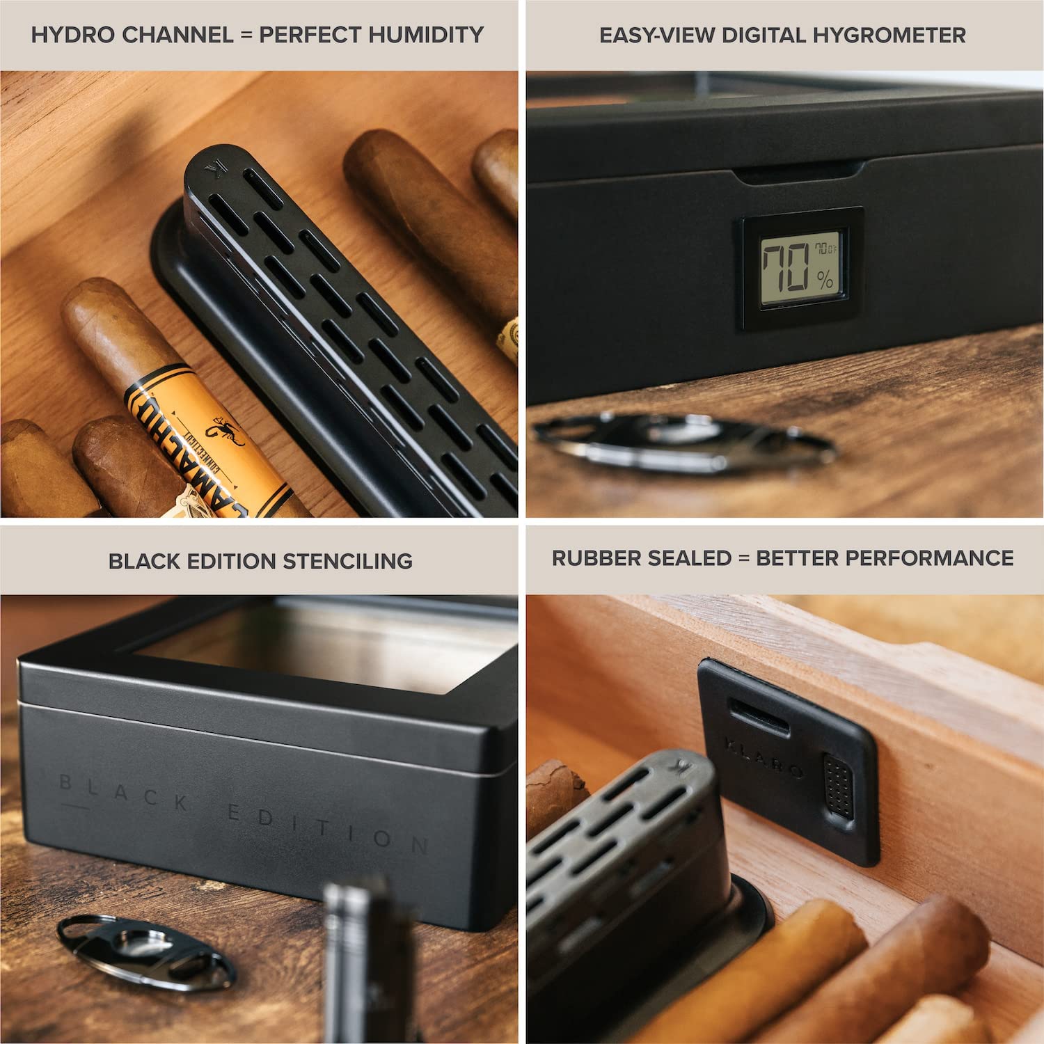 MAG Cigar Humidor with Glass Top, Spanish Cedar, Digital Hygrometer for 20-30 Cigars, Matte Black