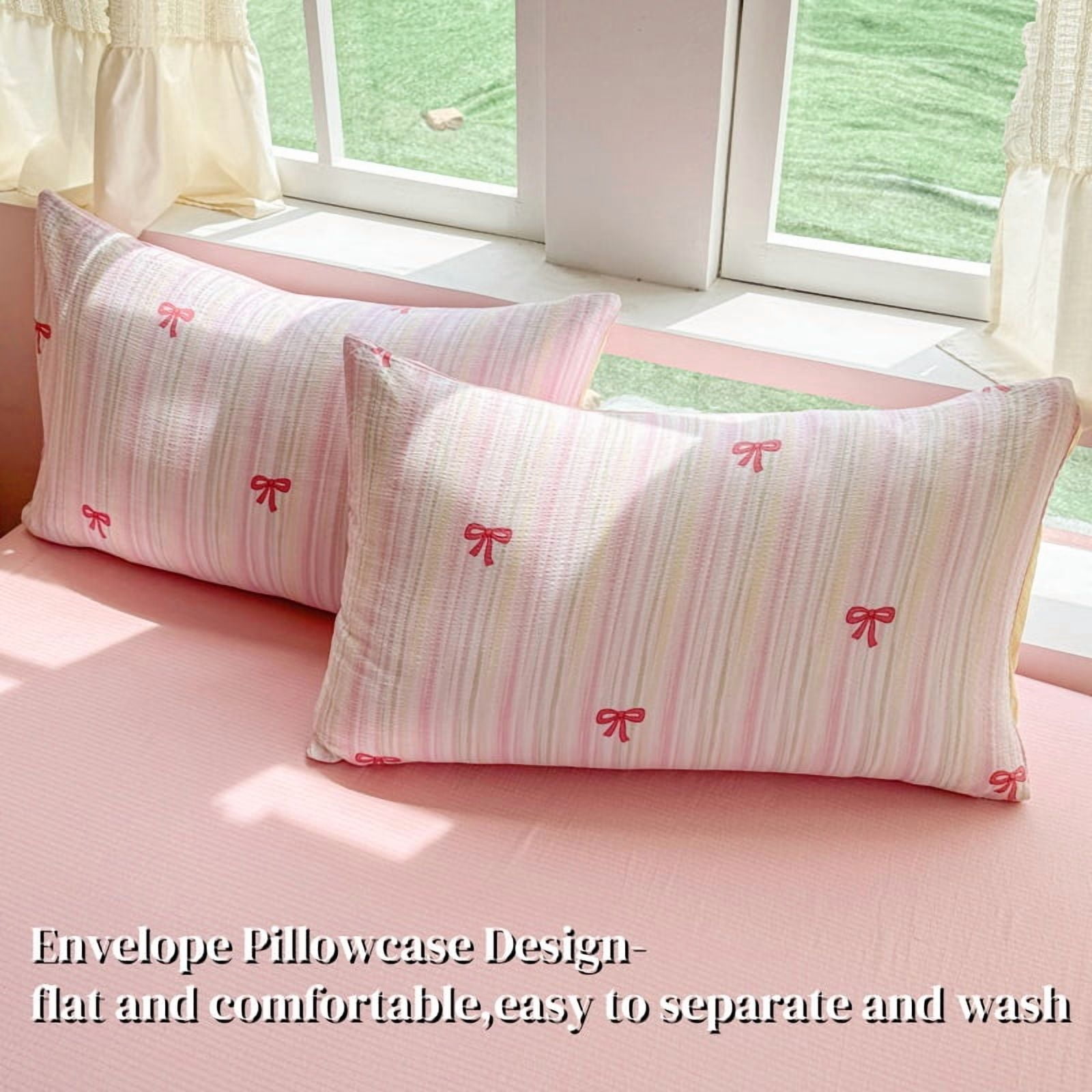 JOLUSERE 2-Piece Colourful Striped Girls Duvet Cover Twin Set, Reversible Pink Bows Soft Bedding Sets for Kids