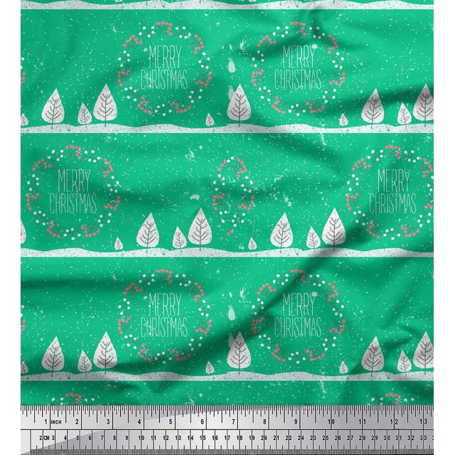 Soimoi Green Poly Georgette Fabric Red Berries & Merry Christmas Text Printed Craft Fabric by the Yard 42 Inch Wide