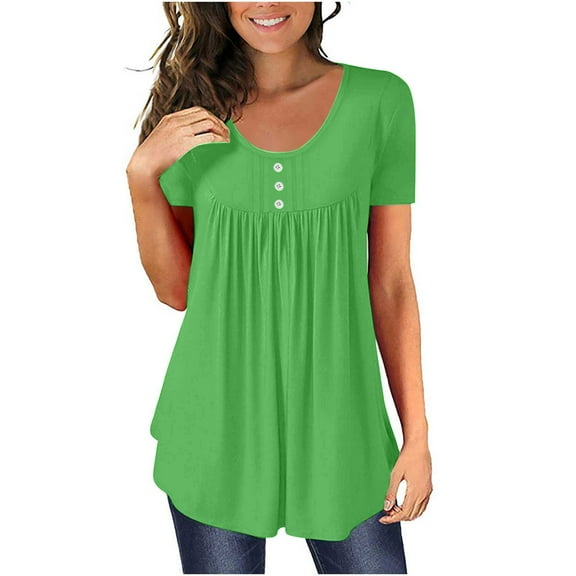 Women's Summer Solid Round Neck Button Pleated Short Sleeve Tops