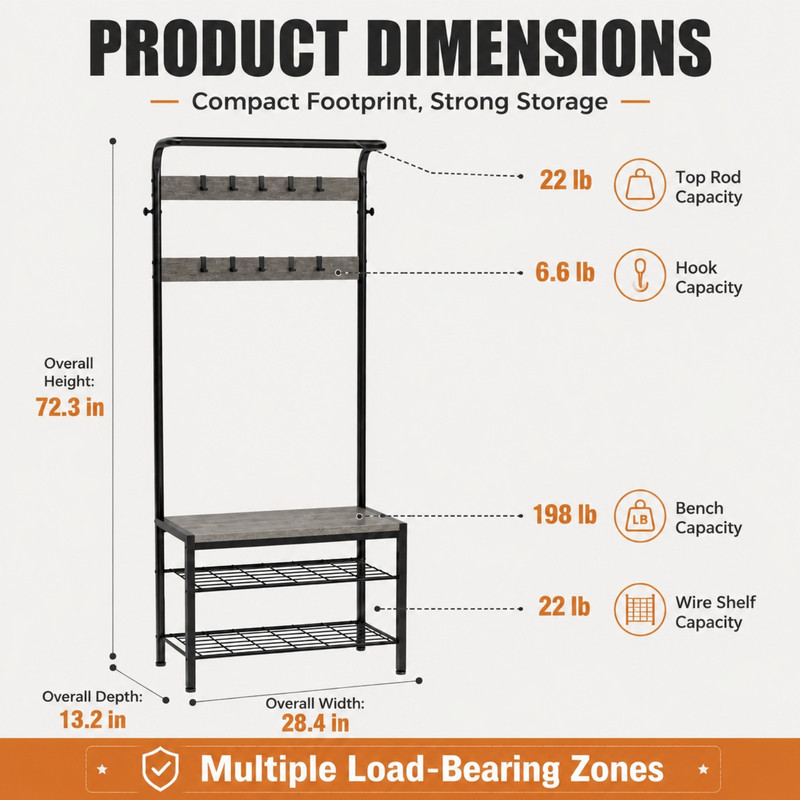 BEAUTYPEAK 5-in-1 Hall Tree 72"x28" Entryway Coat Rack with Shoe Bench Hanging Rod 10 Movable Hooks and 2-Tier Shoe Storage, Wood Gray