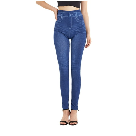 BangWanChi Jeans for Women Blue Women's Fashion Elastic Imitation Denim Print Leggings With Yoga Sport Elastic Pants
