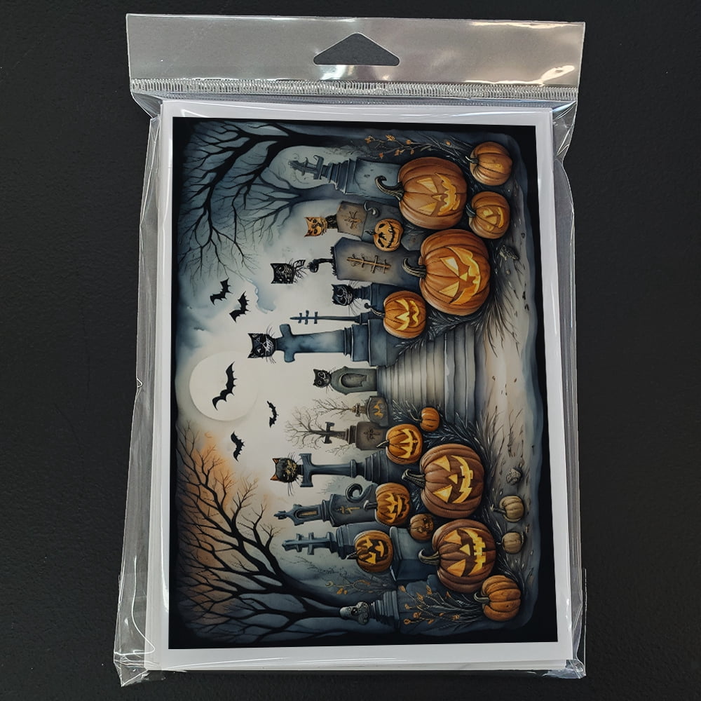 Cat Cemetery Spooky Halloween Greeting Cards and Envelopes Pack of 8 7 in x 5 in