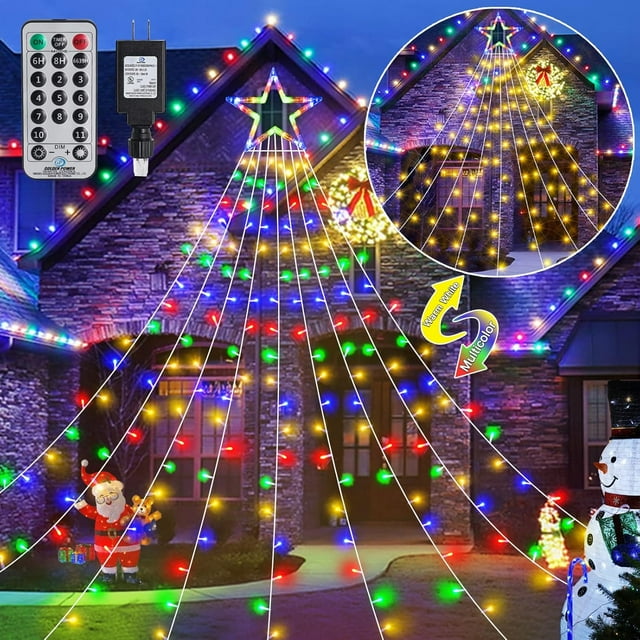 shiyou-Christmas Decorations Outdoor Star String Lights, 344 LED 11 Lighting Modes Star Christmas Tree Lights Timer & Memory with Re-Mote for Xmas Party Holiday Decor (Warm White to Multicolor)