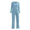thumbnail image 4 of BLOCLOALO 2 Piece Lounge Set Long Sleeve Tops Women's 2023 Fashion Casual Straight Leg Pants Loose V Neck Knit Set V Neck Blouses Knit Sweater Womens Lounge Outfit Blue Xxl, 4 of 8