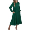 thumbnail image 2 of Xdegoge Elegant Modest Dress for Women Midi Pleated Crewneck Long Sleeve Summer Sundress Solid Color with Pockets Flowy Flattering Formal Office Church Wedding Guest Party Wear, 2 of 6