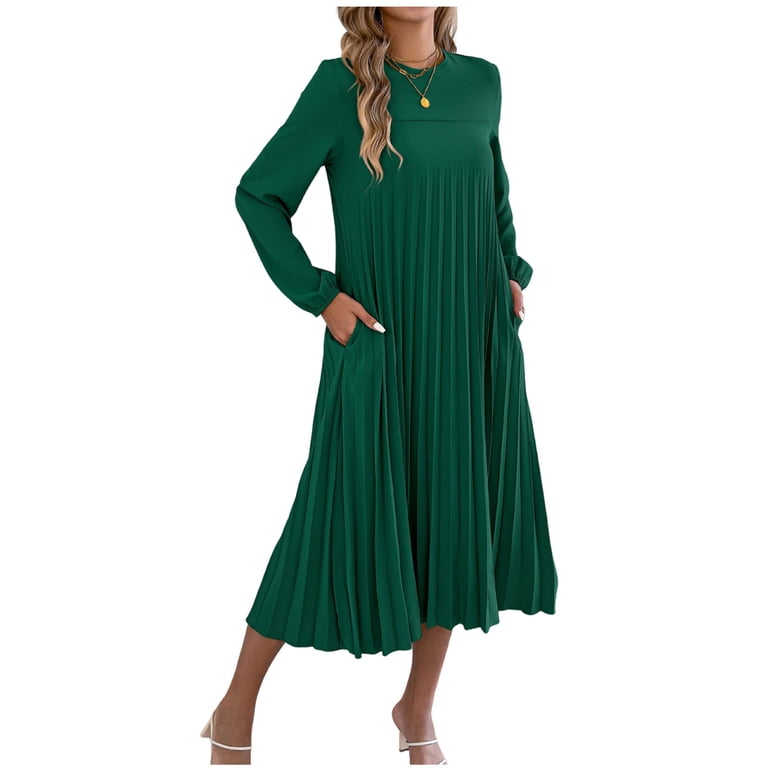 green accordion dress Green Pleated Dress 70s Emerald V Neck Dolman Sleeve Midi Accordion Pleat Skirt Vintage Flowy Disco Glamour Medium M