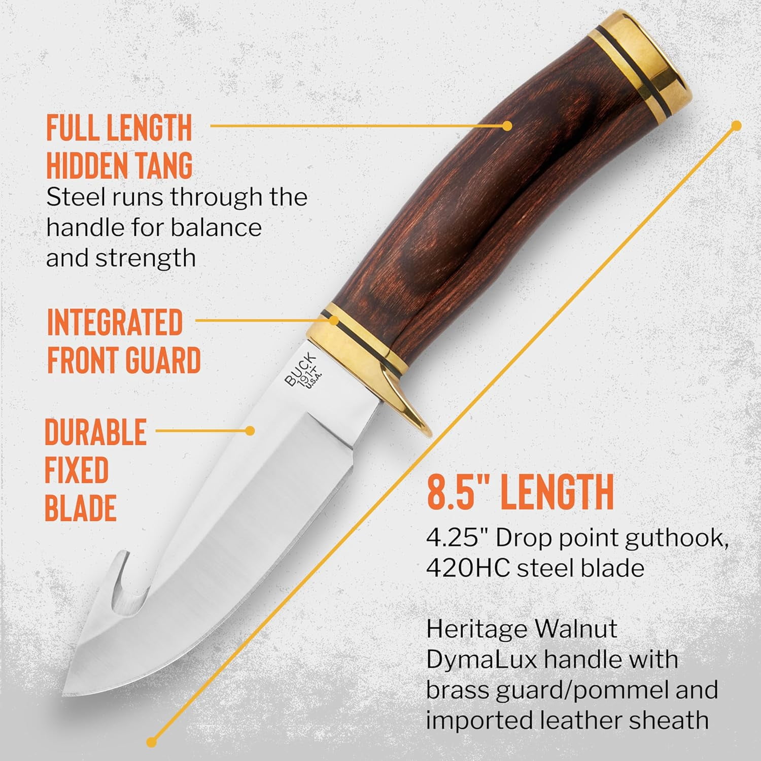 Buck Knives 191 Buck Zipper Hunting Knife, 4-1/4" Drop Point Guthook Blade, Wood Handle, 6.3 oz