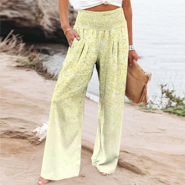 Puntoco Pantalones Rectos De Cintura Alta Con Bolsillo Y Cintura Elástica Elásticos Estampados No Posicionados Informales Para Mujer Amarillo Xl