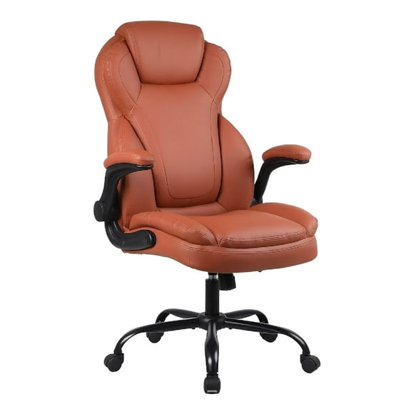 Office Chair, Adjustable Swivel Chair with PU Leather, High-Back Lumbar Support, Flip-Up Armrests for Home, Office (Brown) - GD-9351