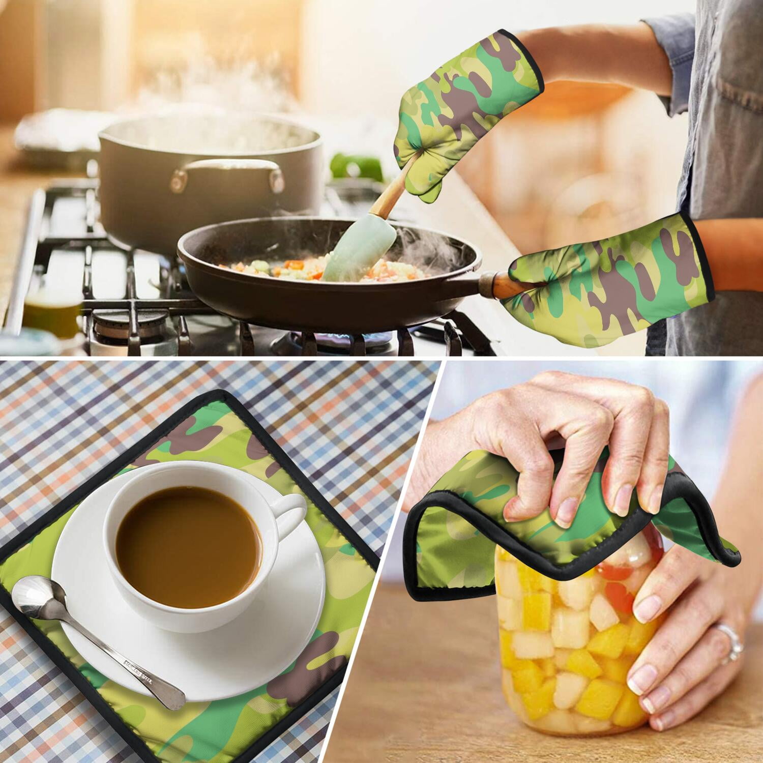 Camouflage Oven Mitts and Pot Holders Set Of 4, Heat Resistant Kitchen Gloves with Non-Slip Grip, Hanging Loop, Soft Cotton Lining for Baking, Cooking, Grilling, Barbecue