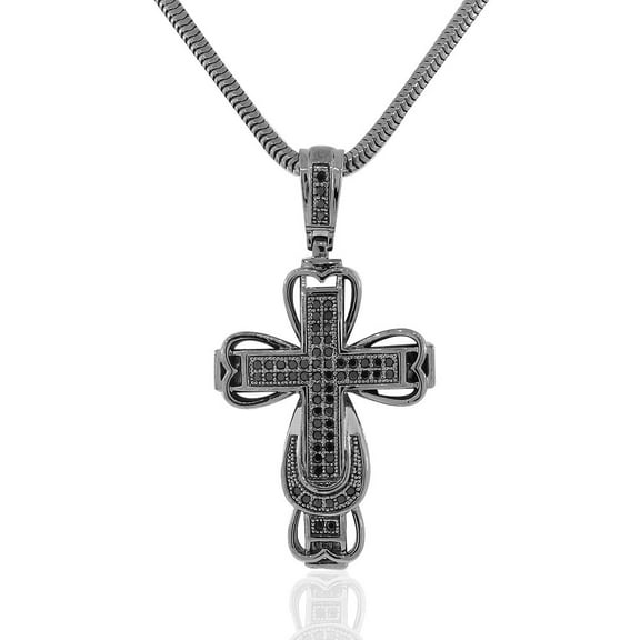 925 Sterling Silver Black Rhodium CZ Large Hip-Hop Statement Cross Pendant Necklace, 30"