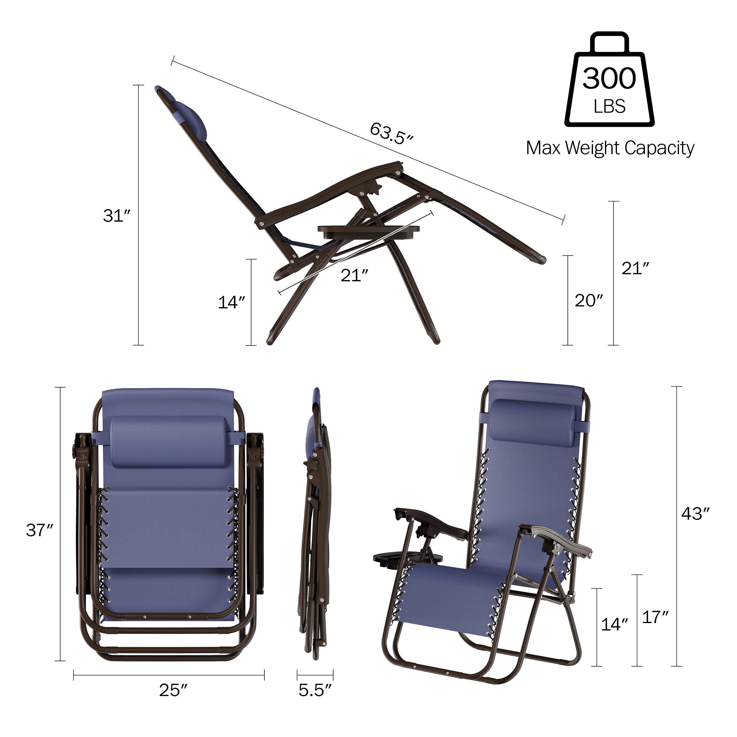 Somerset Home Zero Gravity Chairs with Side Table - 2-Pack (Navy Blue)