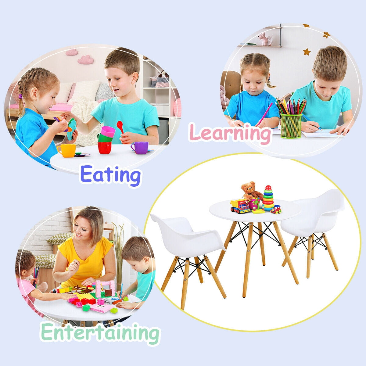 Gymax 3 Piece Kids Round Table Chair Set with 2 Arm Chairs White
