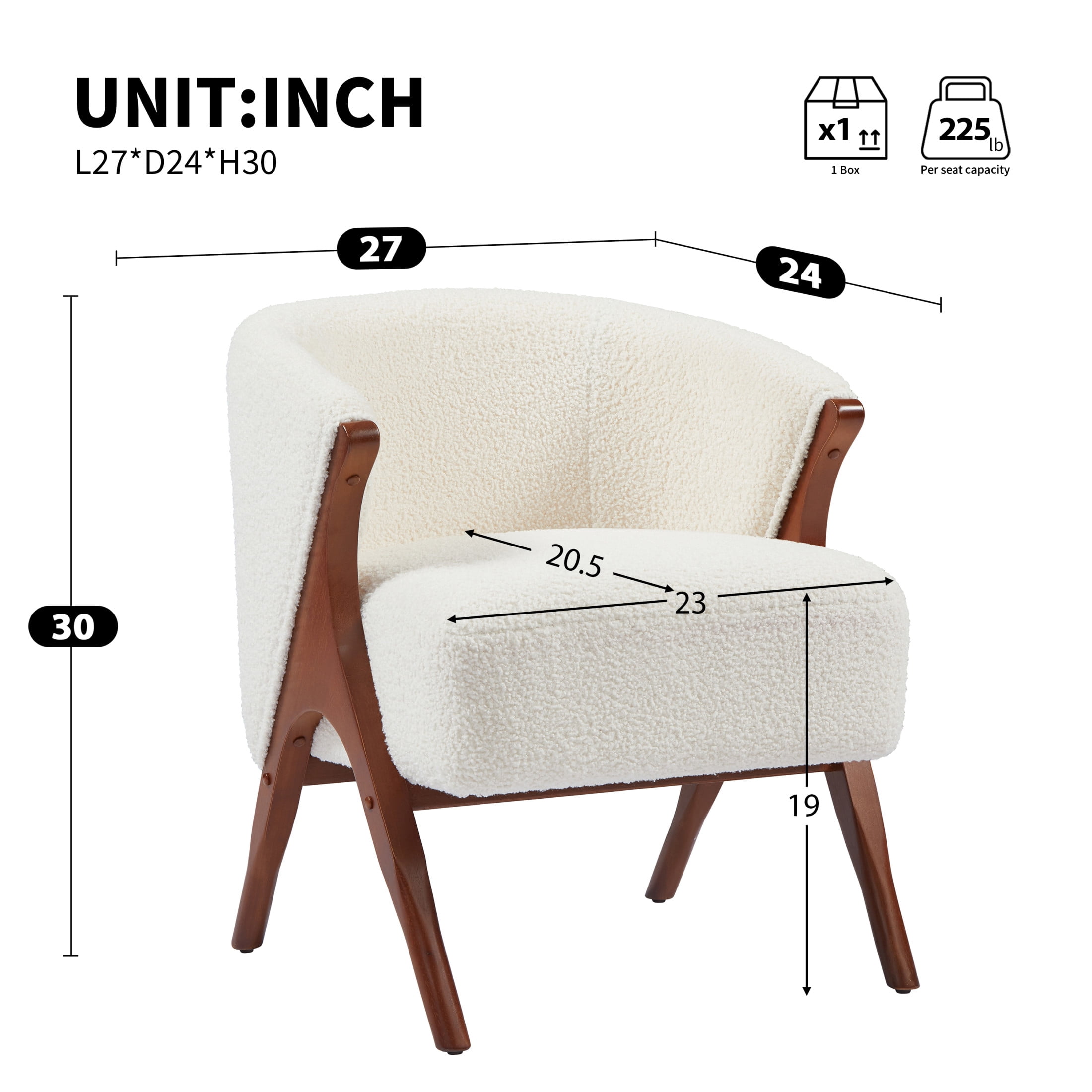 Noble House 27" Modern Accent Chair with Solid Wood Frame and Boucle Upholstered for Living Room, Walnut & Beige