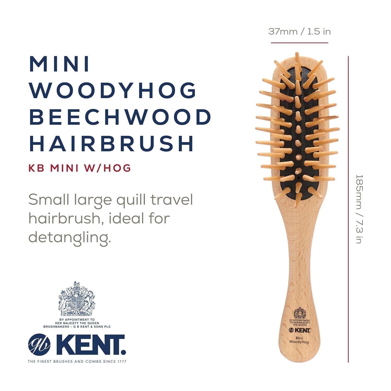 Kent KB Woodyhog Travel Size Detangling Brush Beech-wood Travel Brush, Firm Rounded Wooden Bristles, Natural Cushion Detangler Wooden Hair Brush for Women Men and Kids Everyday Care, Made in England