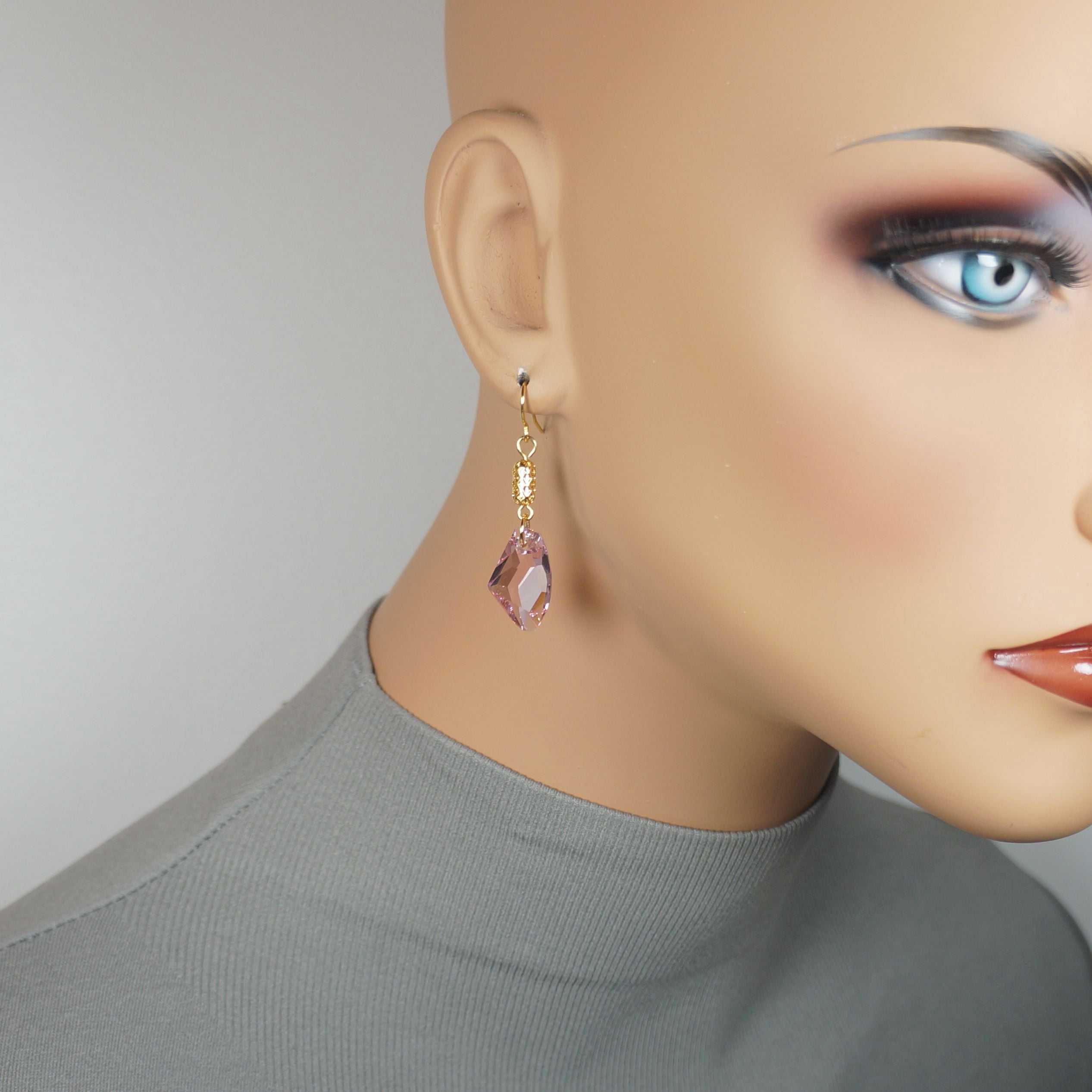 One Pair 19mm Austrian Galactic with Gold Woven Tube Dangle Earrings – Hypoallergenic Earwires - Pink