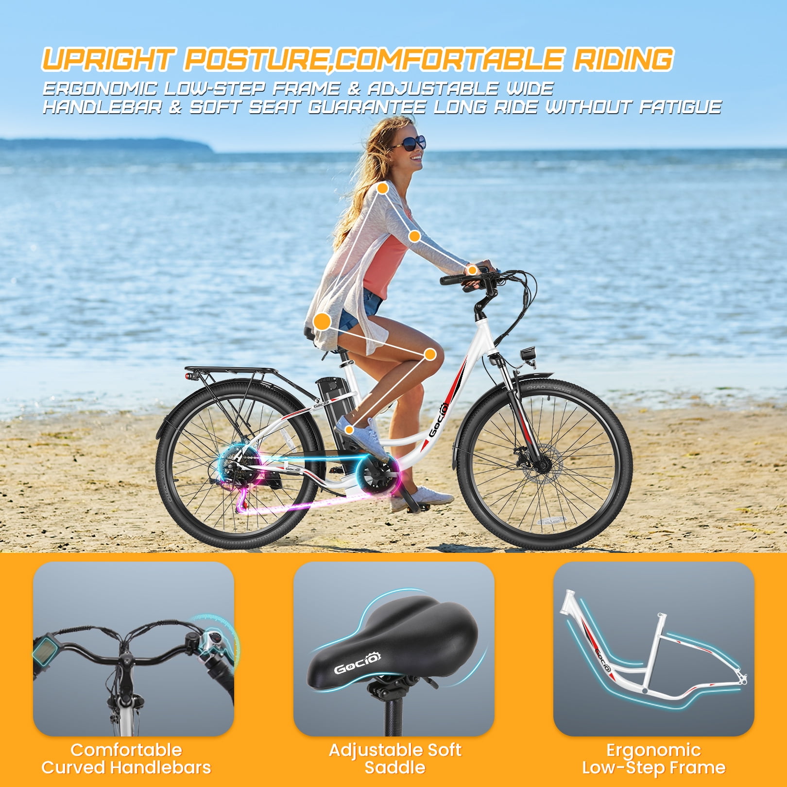 Gocio 26" Electric Bike for Adults, 500W Motor, City Commuter E-Bike, 48V 7.8Ah Removable Battery, Max 19.8Mph, 7 Speed, UL2849​