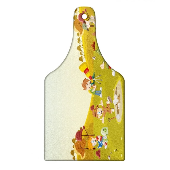 Colorful Cutting Board, Group of Cartoon Explorer Boys on the Field Exploring Discovering Having Fun, Decorative Tempered Glass Cutting and Serving Board, in 3 Sizes, by Ambesonne