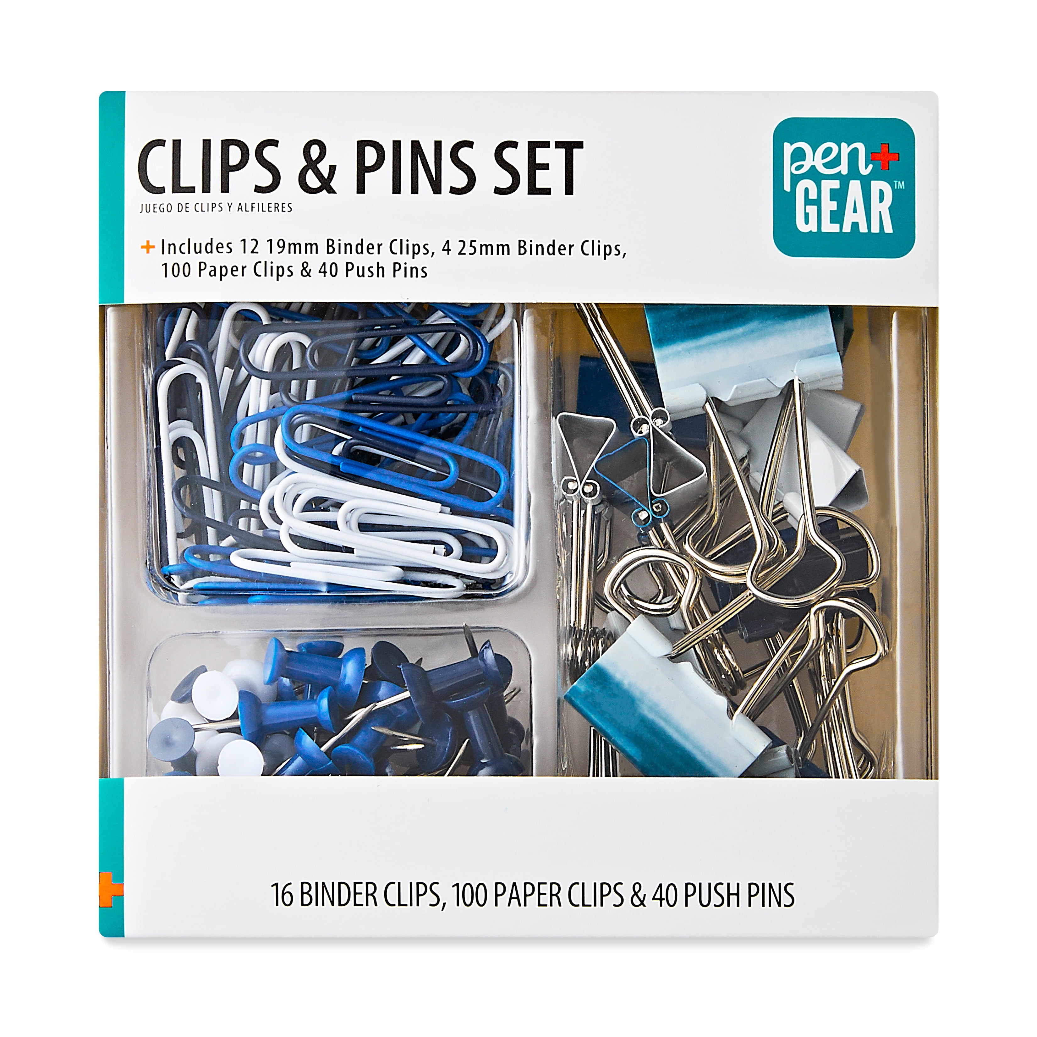 (4 pack) Pen + Gear Clips and Pins Set, 156 Counts, Color Blue & White, Size 19mm,25mm,33mm.Model 595466248