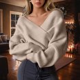 thumbnail image 4 of FRSASU Women's off the Shoulder Sweaters V-Neck Long Sleeve Slim Fit Ribbed Knit Fall Trendy Elegant Crop Tunic Pullover Tops Khaki, 4 of 6