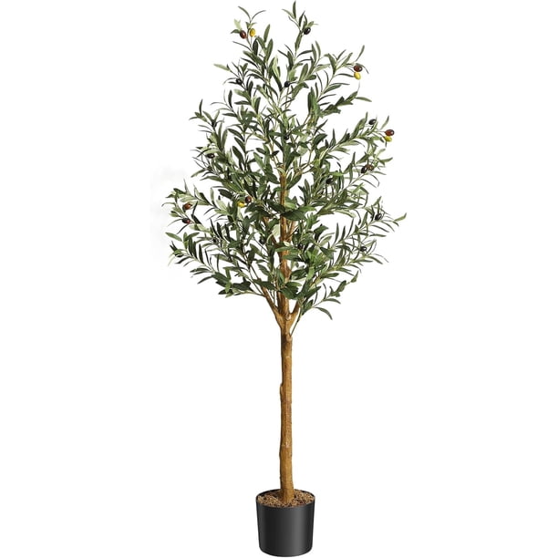 5ft (60in) artificial olive tree: faux silk olive trees para home, oficina, y sala de estar indoor decor, potted con natural wood trunk y lifelike fruits