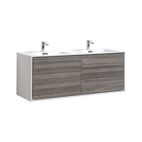 KubeBath DeLusso 60" Double Sink  Ash Gray Wall Mount Modern Bathroom Vanity