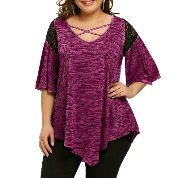 Azrian Fashion Womens Plus Size Flare Lace Asymmetrical Splicing Tunic T-Shirt tops