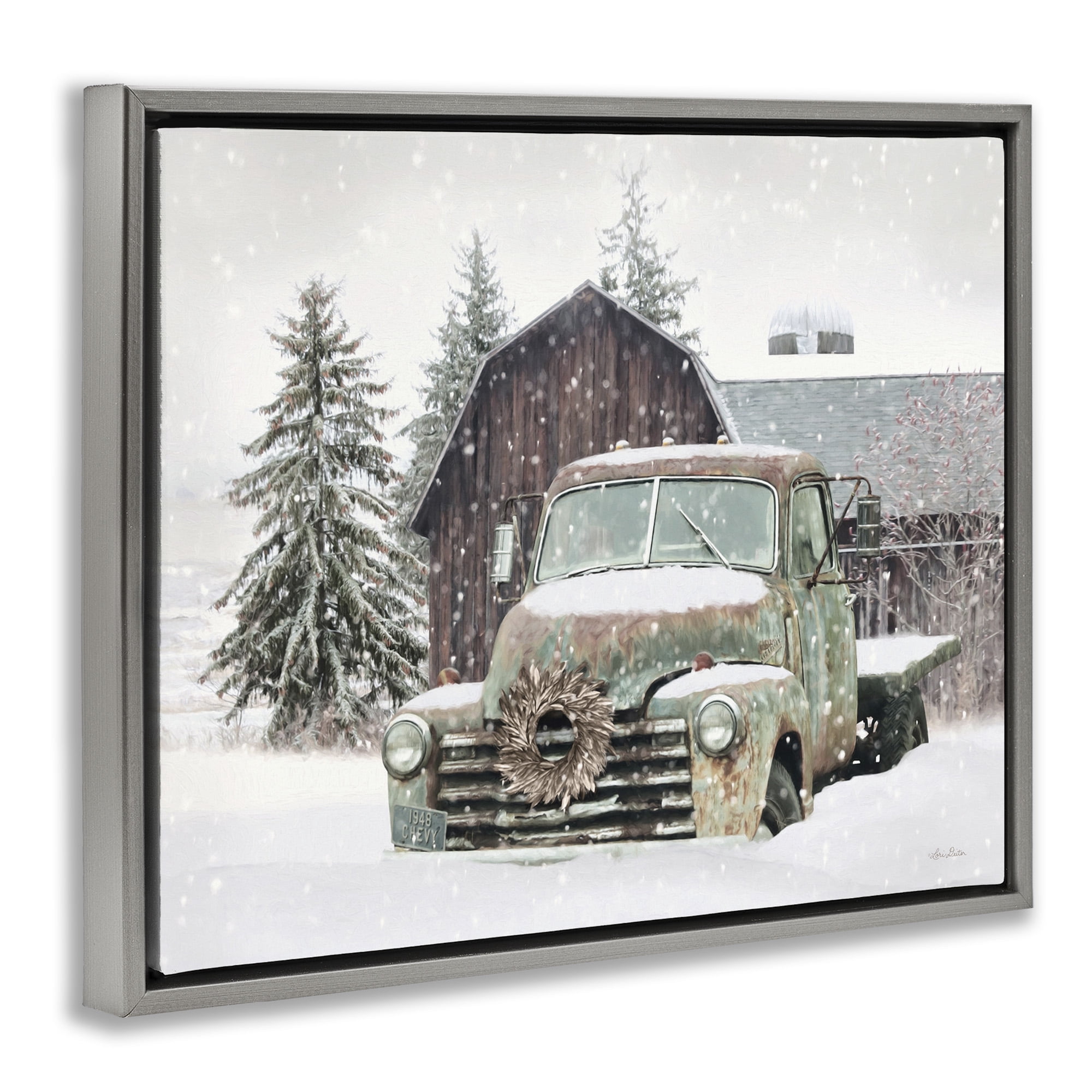 Stupell Industries Winter Rural Vintage Truck & Barn Transportation Painting Gray Floater Framed Canvas Art Print Wall Art, 31 x 25