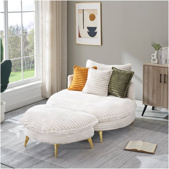 Beige Corduroy Loveseat Sofa with Pillows, Mid-Century Modern 2-Seater for Living Room, Apartment