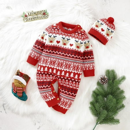 

BULLPIANO 2Pcs Baby Christmas Clothes Knitted Romper + Hat Set Infants Xmas Warm Sweater Bodysuits With Beanie Cap Size 0-18M
