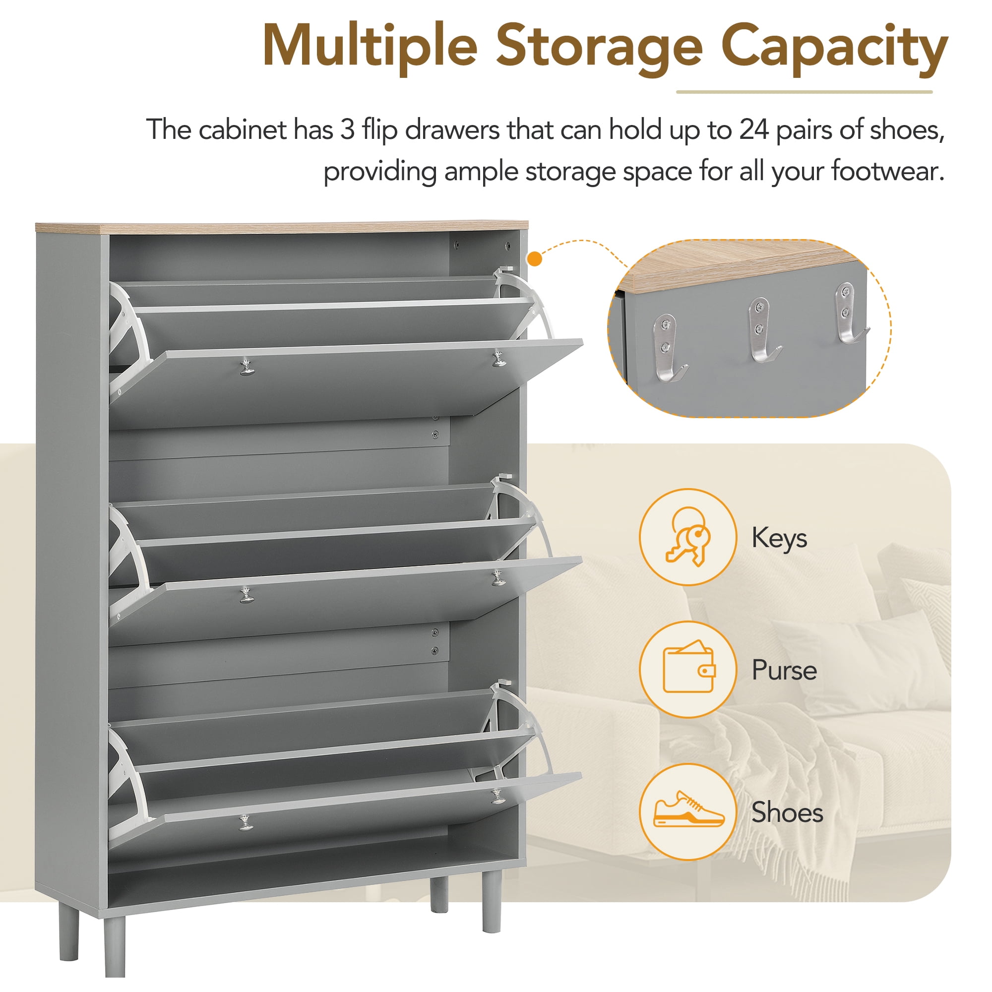 Leumius Shoe Cabinet Narrow Entryway Organizer Particle Board 47.6 x 31.5 x 9.4 inch Gray